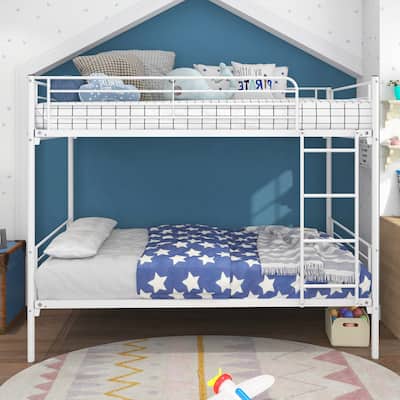 White Twin over Twin Metal Bunk Bed, Frame with Ladder, Space-Saving Design for Bedroom