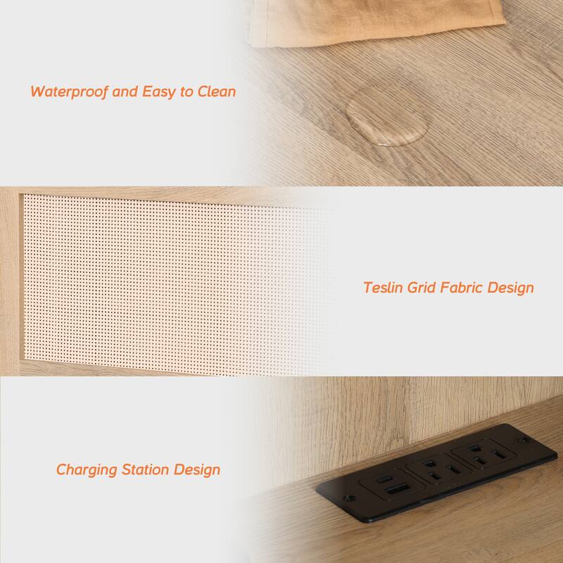 WAMPAT Floating TV Stand Shelf with Power Outlet and 2 Rattan Doors