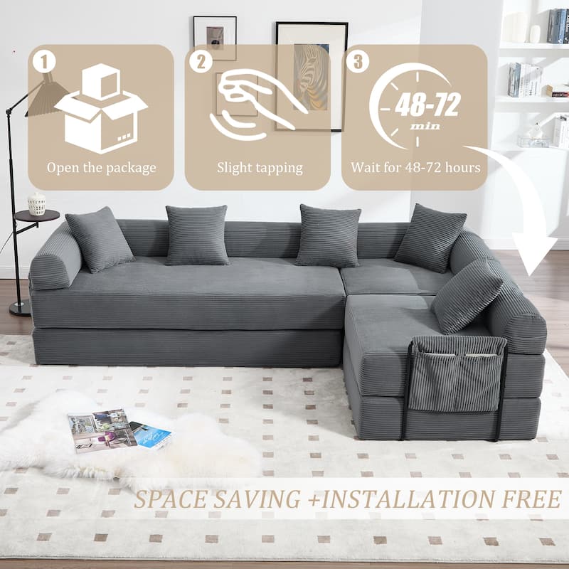 HOMEFUN Corduroy Upholstered Convertible Folding Sofa Bed with Fixed Frame and Pillow Back Handrail