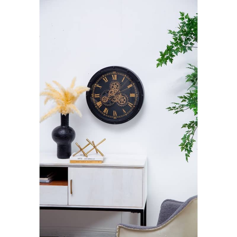Large Roman Numeral and Bolted Gear Wall Clock - 19.75" - Black and Gold