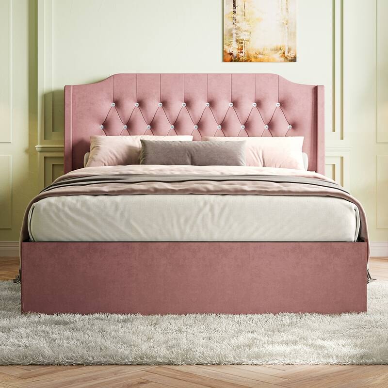 Tufted Upholstered Bed Frame with Crystal Button Accents - Pink - Queen