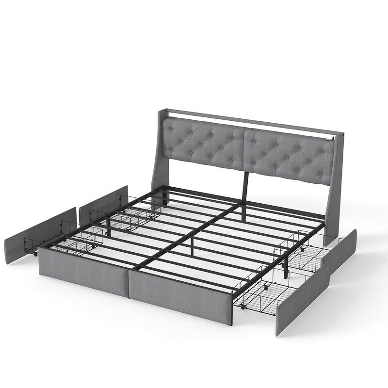 Metal Platform Bed Frame with Underbed Storage Drawers, LED Storage Headboard with Charging Station