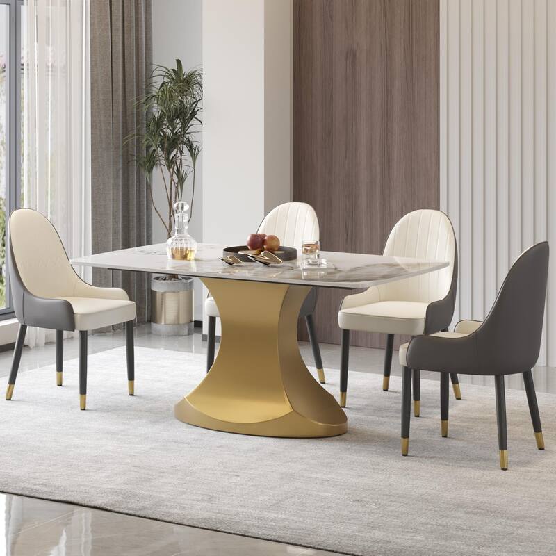 Dining Table for 6~8 Person, Faux Marble Kitchen Dining Table with Gold Pedestal.