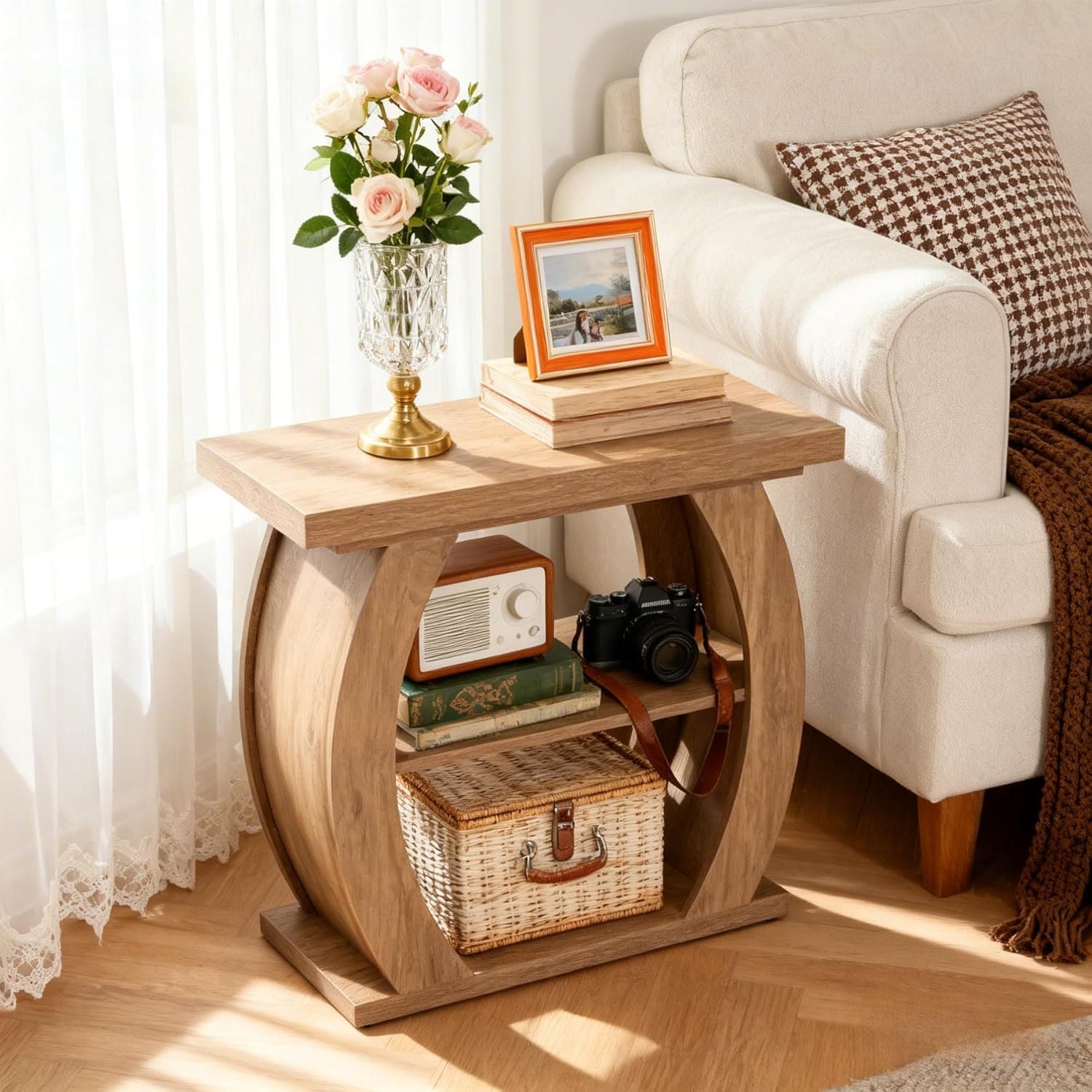 Side Table for Living Room, 3-Tier Wooden End Table with Curved Frame