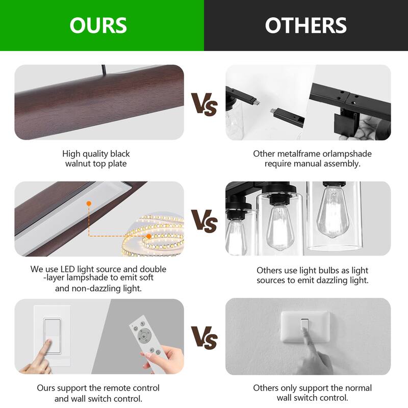 39-inch Streamline Wooden LED Pendant Light with Remote Control, Adjustable Hanging Light for Dining Room, Kitchen - Walnut