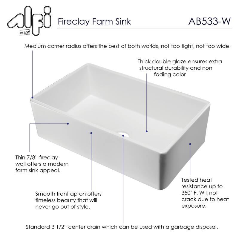 ALFI brand 33" White Smooth Apron Single Bowl Fireclay Farm Sink