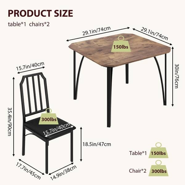 dimension image slide 3 of 4, Dining Table Set for 2, Kitchen Table Chairs Set of 2 with PU Upholstered Cushion