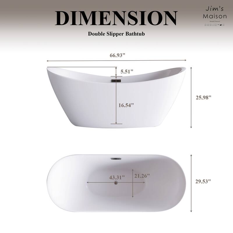 67 in. x 30 in. Acrylic Freestanding Flatbottom Soaking Bathtub in Glossy White