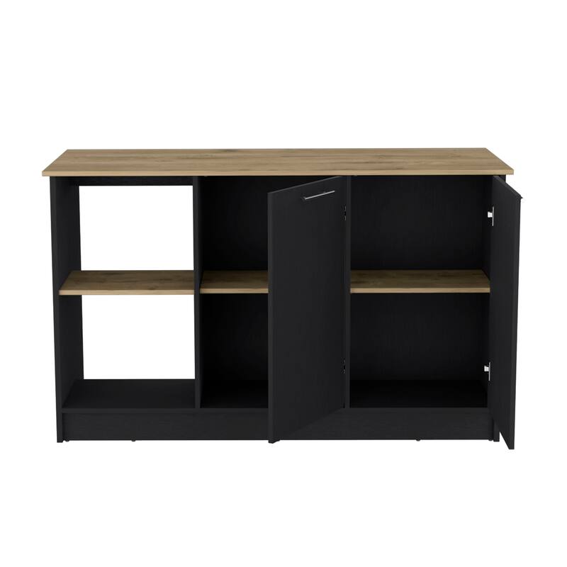 Kitchen Island with Large Countertop, Open Storage Shelves and Double Door Cabinet