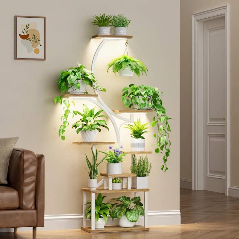 Wood Metal 8-Tier Indoor Plant Stand with S-Shape and Grow Lights - 19.6'' W X 10.2'' D x 62'' H