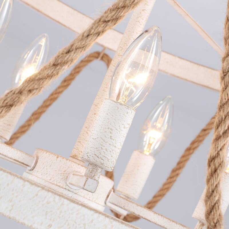 19.68" Wide Rural Drum Chandelier, 5-Light Semi-Flush Mount Lighting with Cage Lamp-Shade, Pendant Light for Dining Room
