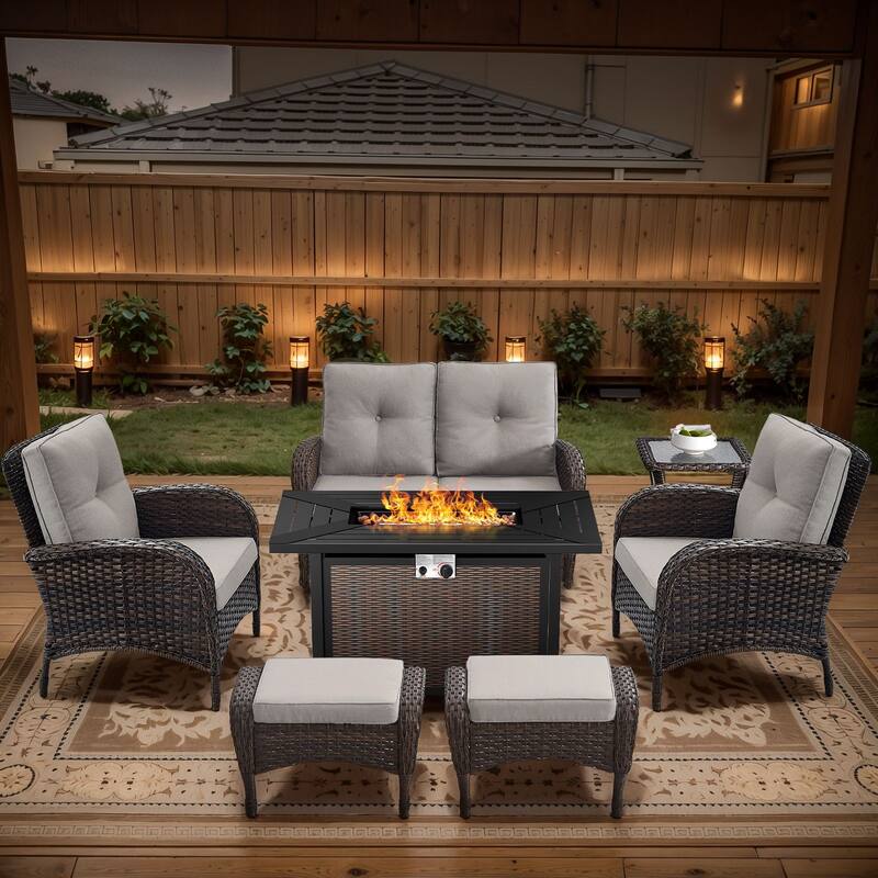 Gymojoy Outdoor Fire Pit Conversation Set, Loveseat Glider Sofa & Chairs - Patio Furniture Set - 7-Piece included Club Chairs & Ottomans - Beige