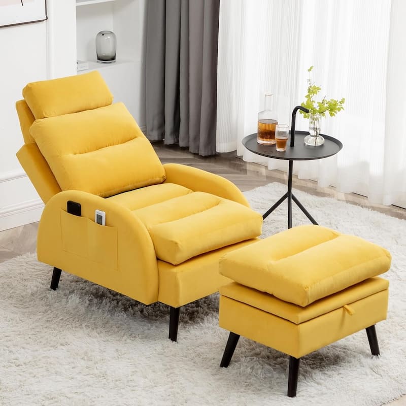 HOMYKA Accent Lounge Chair with Adjustable Backrest Storage Ottoman - Yellow