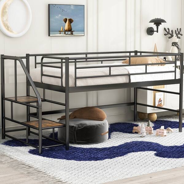 slide 2 of 17, Black Twin Size Metal Mid Loft Bed with Storage Stairs and Fence Black
