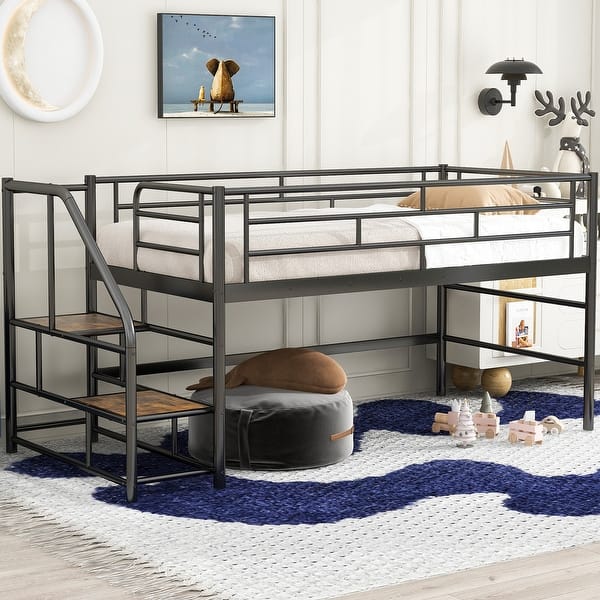 slide 2 of 34, Simple & Space-saving Design Mid Metal Loft Bed with Storage stairs, Twin Size Black