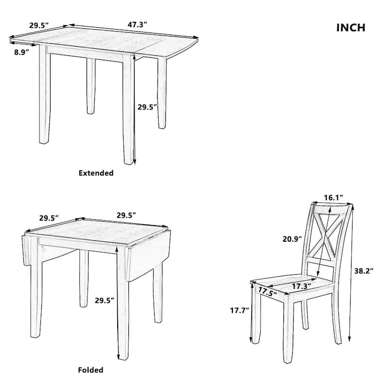 Roomfitters 3-Piece Wood Drop Leaf Breakfast Nook Dining Set with 2 X-Back Chairs, Small Space Design