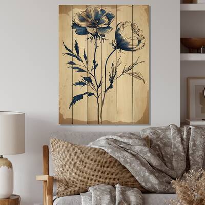 Designart 'Indigo Flower Blossoming V' Floral Wood Wall Art - Natural Pine Wood