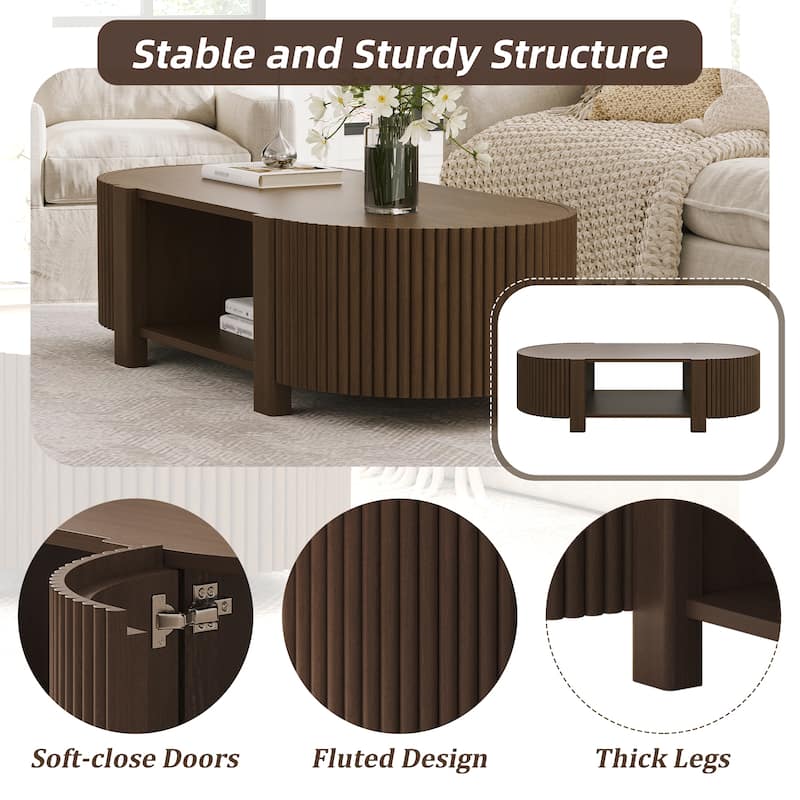 47" Coffee Table for Living Room, Wood Center Table, Tea Table, Storage Table with Sliding Doors, Modern Oval End Table