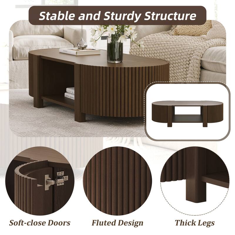 47" Oval Fluted Coffee Table with Storage, Rubber Wood, 1 Shelf & 2 Doors - Walnut