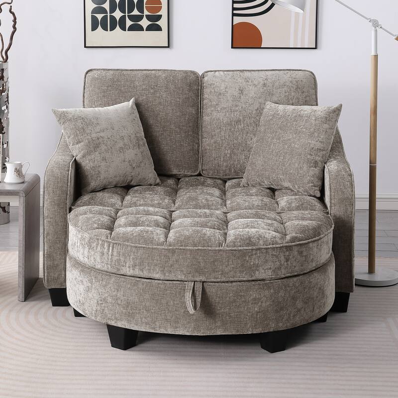 Two-Seater Chaise Lounge with Storage Footrest and Pillows, Irregular Armrest Design