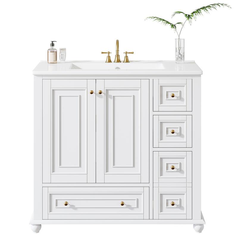 Modern Freestanding Solid Wood Bathroom Vanity with Ceramic Sink, Adjustable Shelf Storage