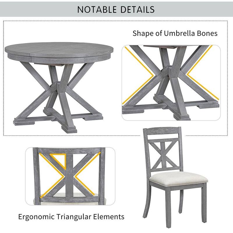 5 PCS Retro Functional Dining Table Set for 4 Extendable Round Table and 4 Upholstered Chairs