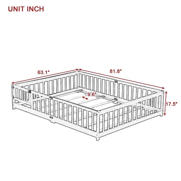 Grey Queen Size Wooden Floor Bed with Fence, Door, Rubber Safety Guardrails