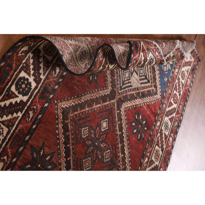 Hand Knotted Oriental 100% Wool Carpet Traditional Geometric Red Hamedan Runner Rug - 9' 10'' X 3' 8''