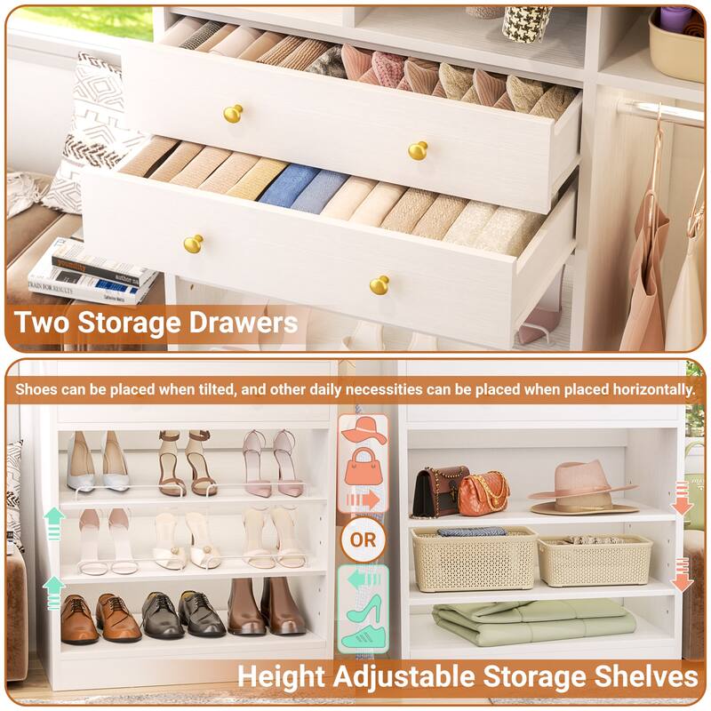 56'' - 120'' Set of 2 Closet System with Shoe Rack, Closet Organizer with Drawers and Hanging Rods