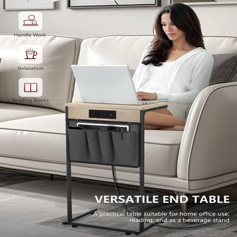C Shaped End Table with Charging Station - 16"D x 10"W x 28"H