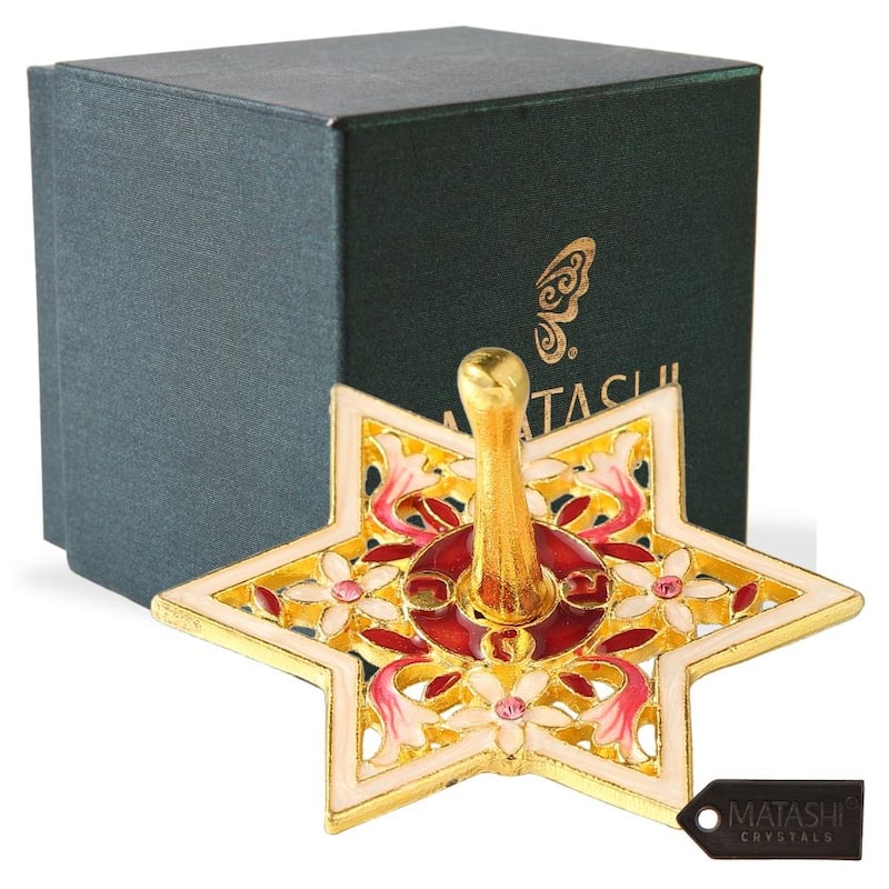 Matashi Hand-Painted Spinning Dreidel Holiday Ornament & Enamel Menorah Candelabra w Pomegranate Design w Crystals Hanukkah Gift