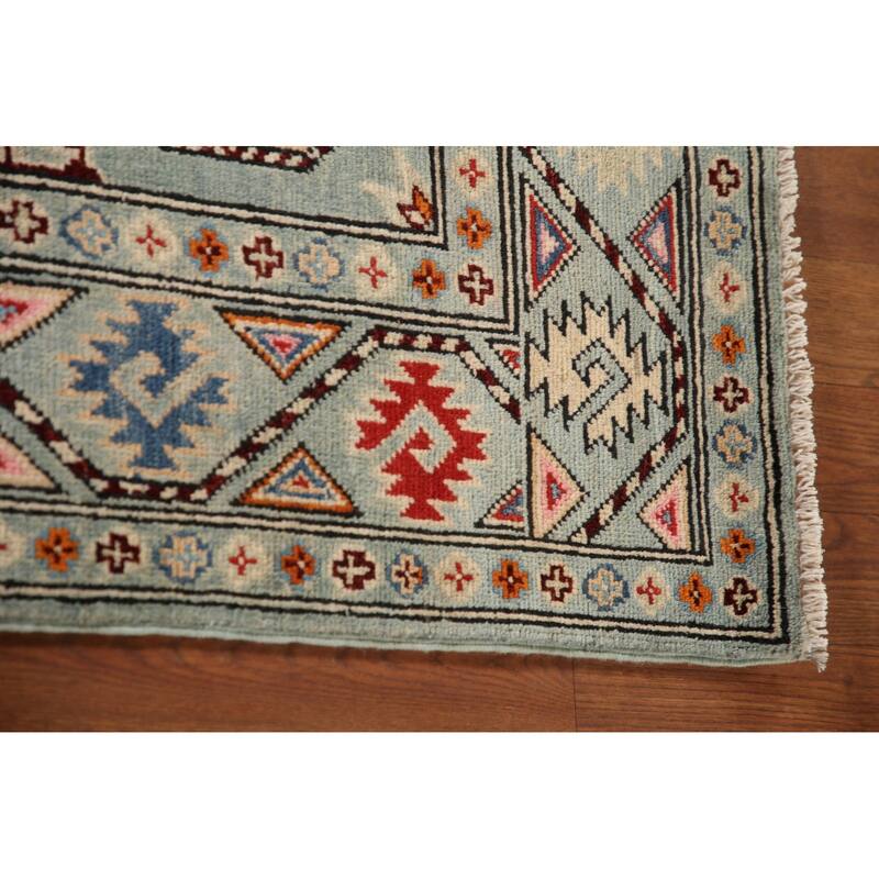 Geometric Kazak Rug Hand-Knotted Blue Wool Carpet - 3'3"x 4'11"
