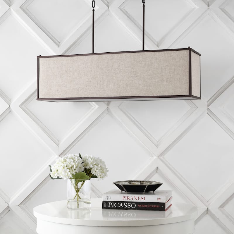 Crosby 42" 4-Light Minimalist Industrial Rectangular Linen Iron Linear LED Pendant, Oil Rubbed Bronze/Beige by JONATHAN Y