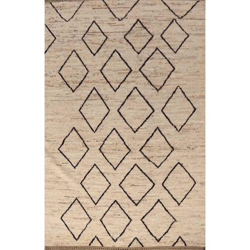 Geometric Moroccan Oriental Rug Hand-Knotted Beige Wool Carpet - 6'7" x 9'11"