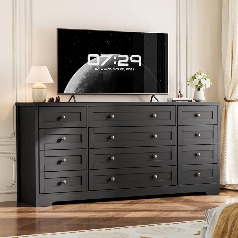 Dresser for Bedroom,Withe Long Wood Dresser with 12 Drawers,Storage Chest of Drawers with Plug-in Charging Hub
