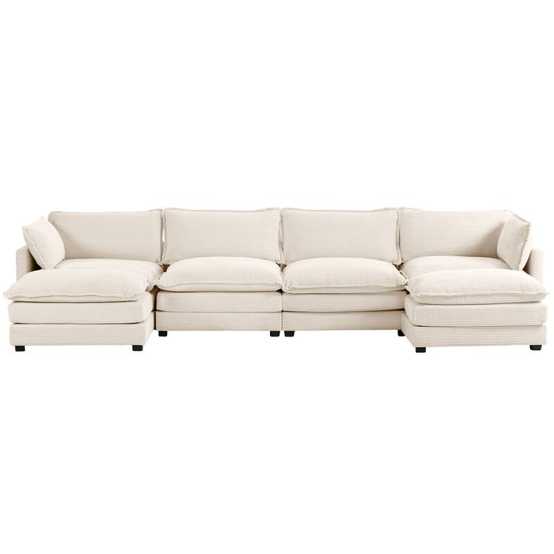 4-Seat Corduroy Modular Sofa with 2 Removable Ottomans for Home & Business - Off White