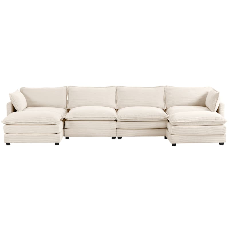 Corduroy Sectional Sofa with Removable Ottomans & Ultra-soft Cushions for Living Room & Bedroom - 4 Seats with 2 Ottomans - Beige