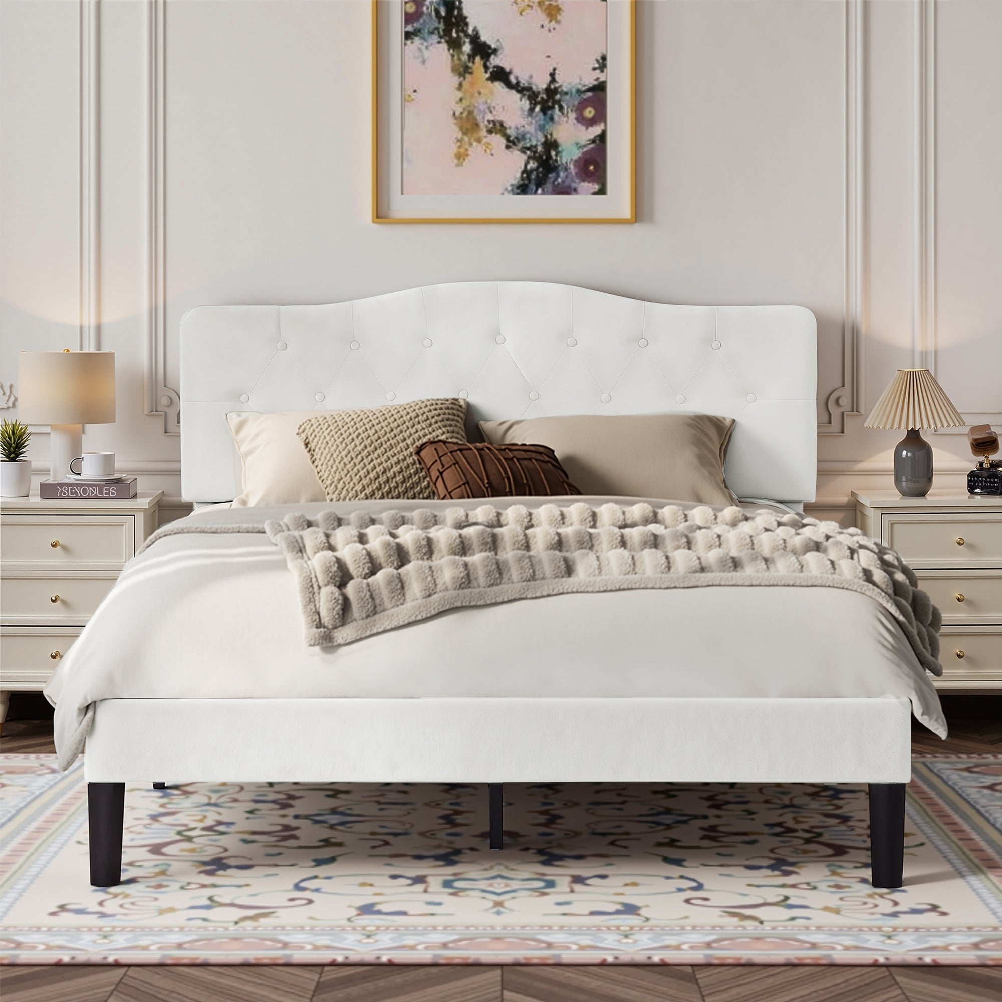 Javlergo Adjustable Height Upholstered Platform Bed Frame with Diamond Tufted Headboard No Box Spring Needed Bed Frame