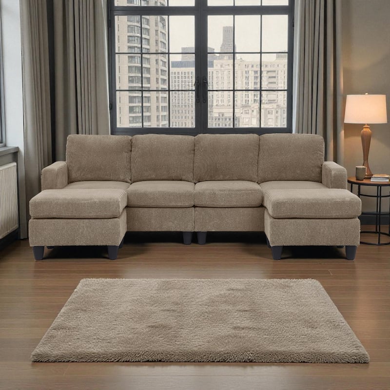 101" Modular Corduroy Sectional Sofa with Ottoman, Removable Cushions, Textured Upholstery for Living Room Comfort - Camel