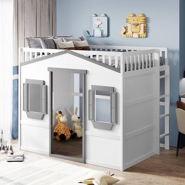 slide 2 of 9, White+Gray Full Size House Loft Bed with Ladder, Doors, Window White+Gray
