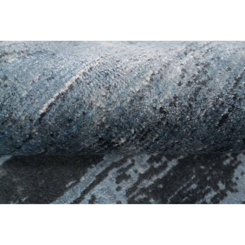 Hand Knotted Oriental Viscose Silk Carpet Modern Pictorial Navy Blue & Blues Abstract Area Rug - 7' 6'' X 5' 8''