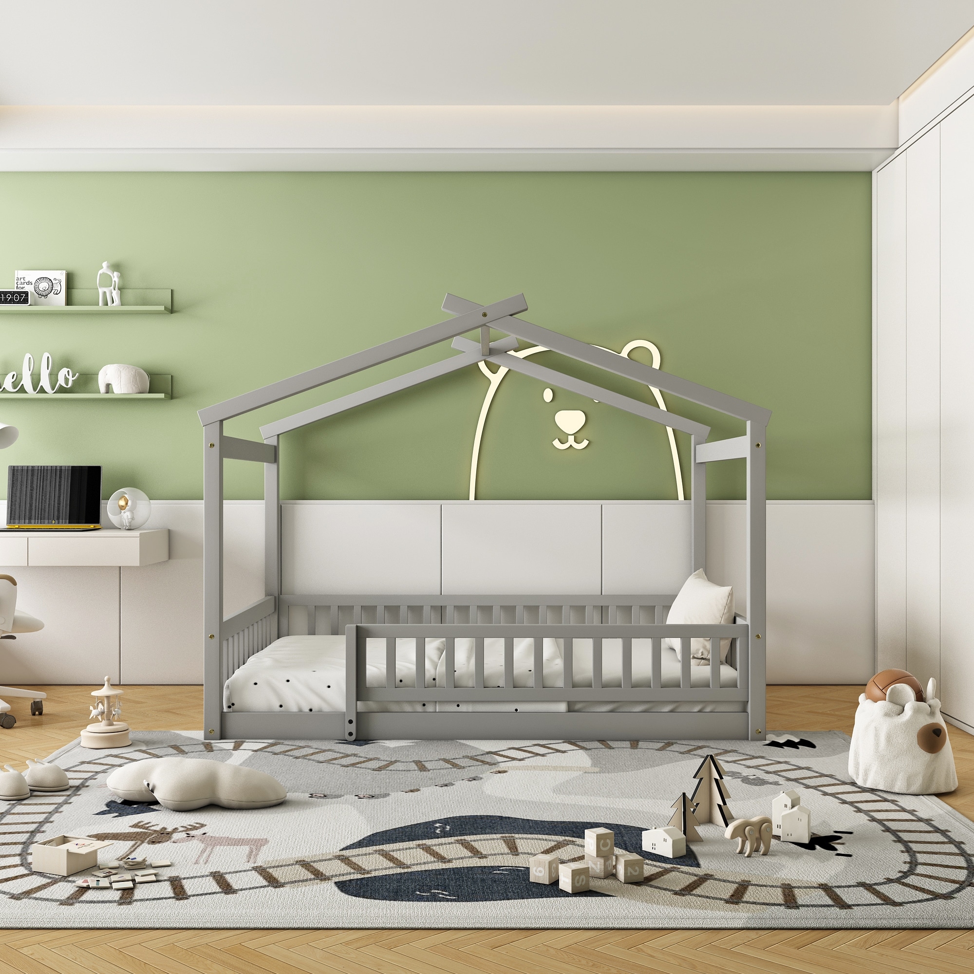 Gray Full Size Kids House Bed with Fence Mattresses Bed Frame