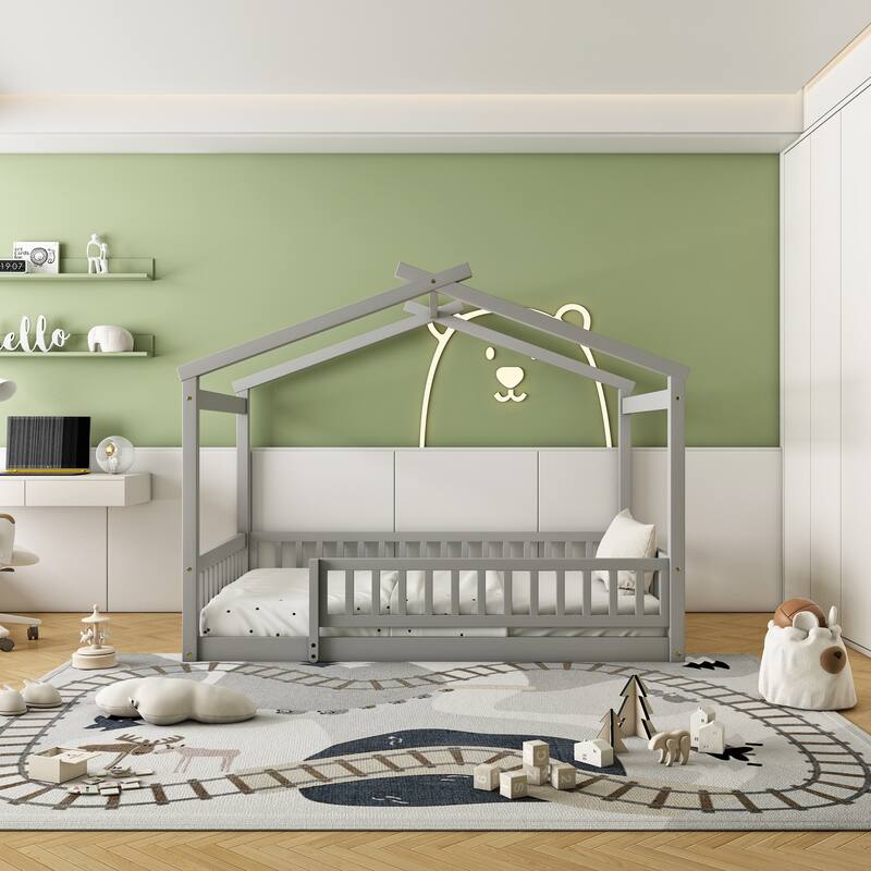Wood Bed House Bed Frame with Fence for Kids - Gray - Full
