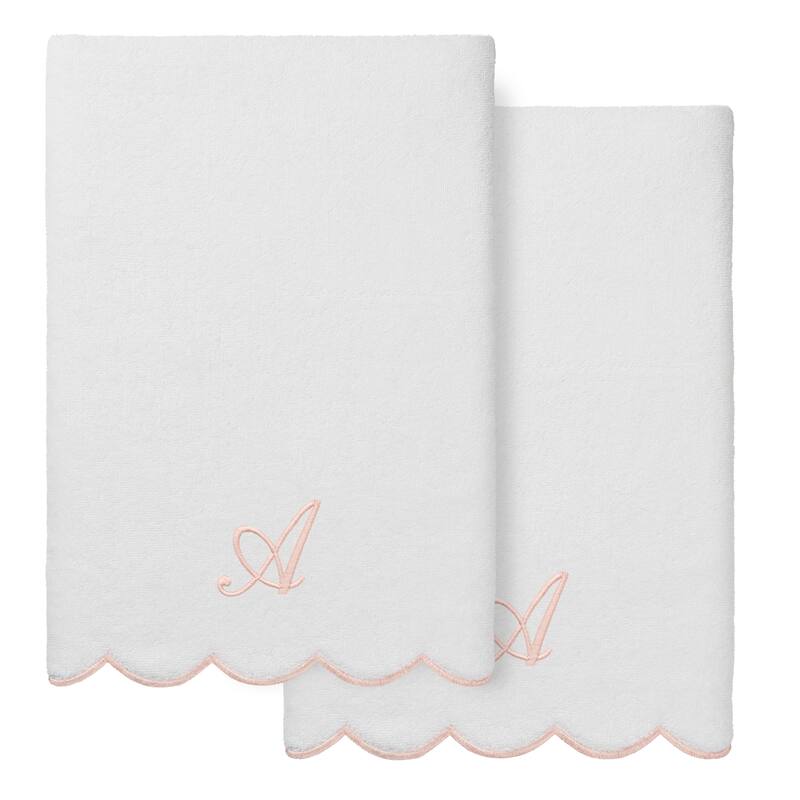 Authentic Hotel and Spa 100% Turkish Cotton Pink ADORNIA Scallop Personalized 2 Piece Bath Towel Set - 2 Bath Towels - A