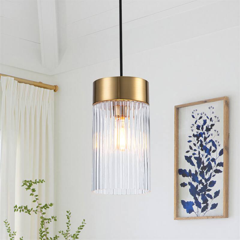 Industrial 1-Light Ribbed Glass Cylinder Pendant Light for Kitchen Island Dining Room - Gold