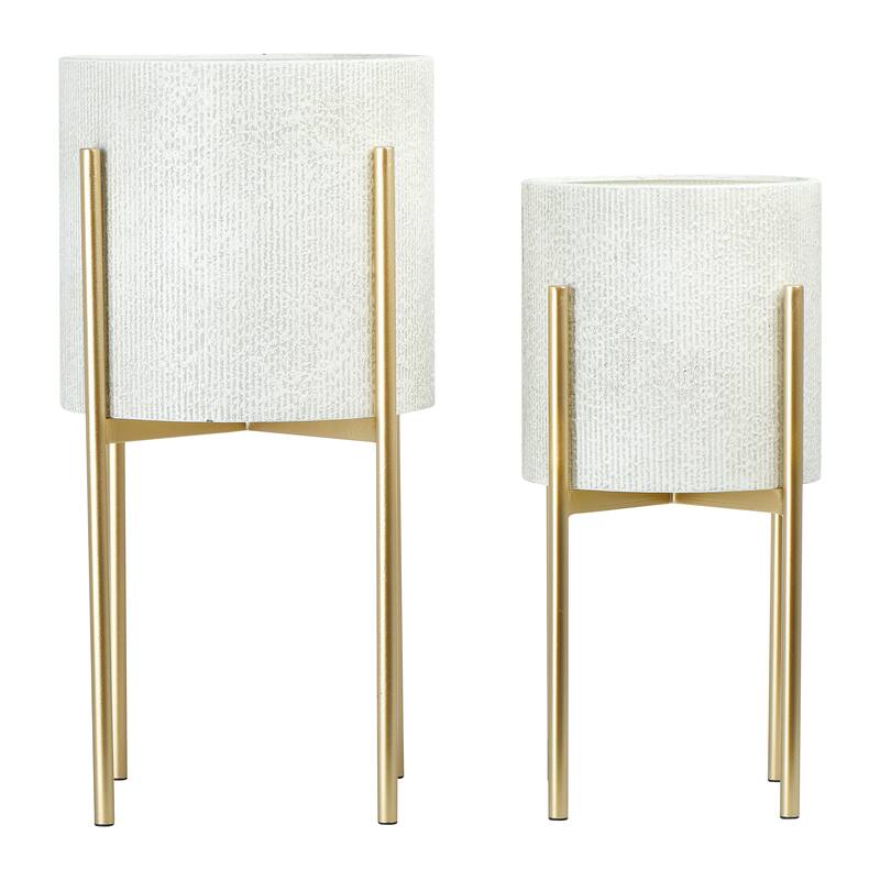 Embossed Metal Planters with Stand - White and Brown