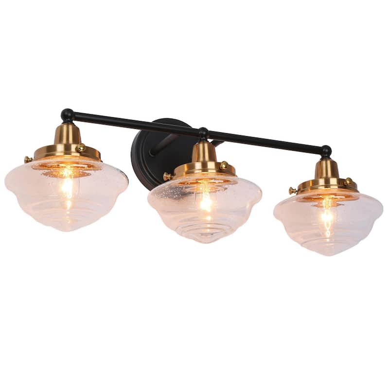Rumar Modern 3-Light Black Gold Bathroom Vanity Light Dimmable Wall Sconces with Schoolhouse Glass - 22.8'' L x 8.3'' W x 9'' H