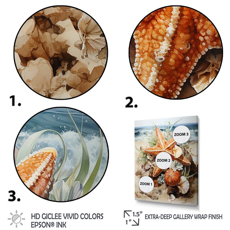 Designart "Orange And Blue Starfish Sands II" Coastal Tropical Wall Decor Orange Coastal Entryway Framed Wall Art Print