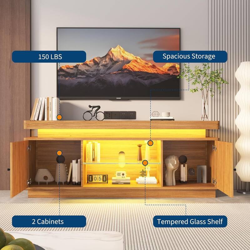 63" TV Stand, Entertainment Center with Power Outlet for Living Room