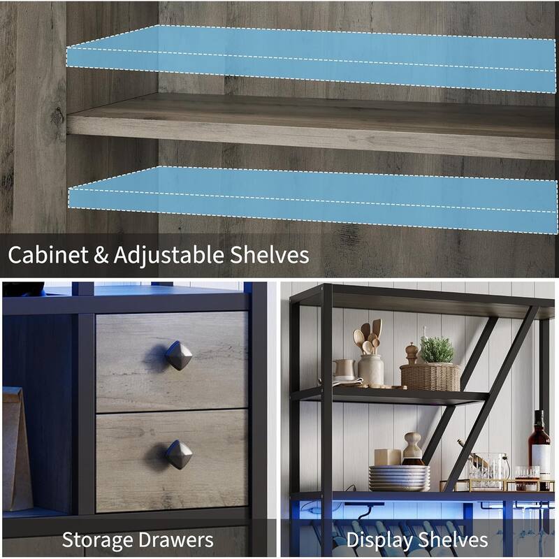 Farmhouse Bar Cabinet with Wine Rack,Bakers Rack with Power Outlet and LED Light